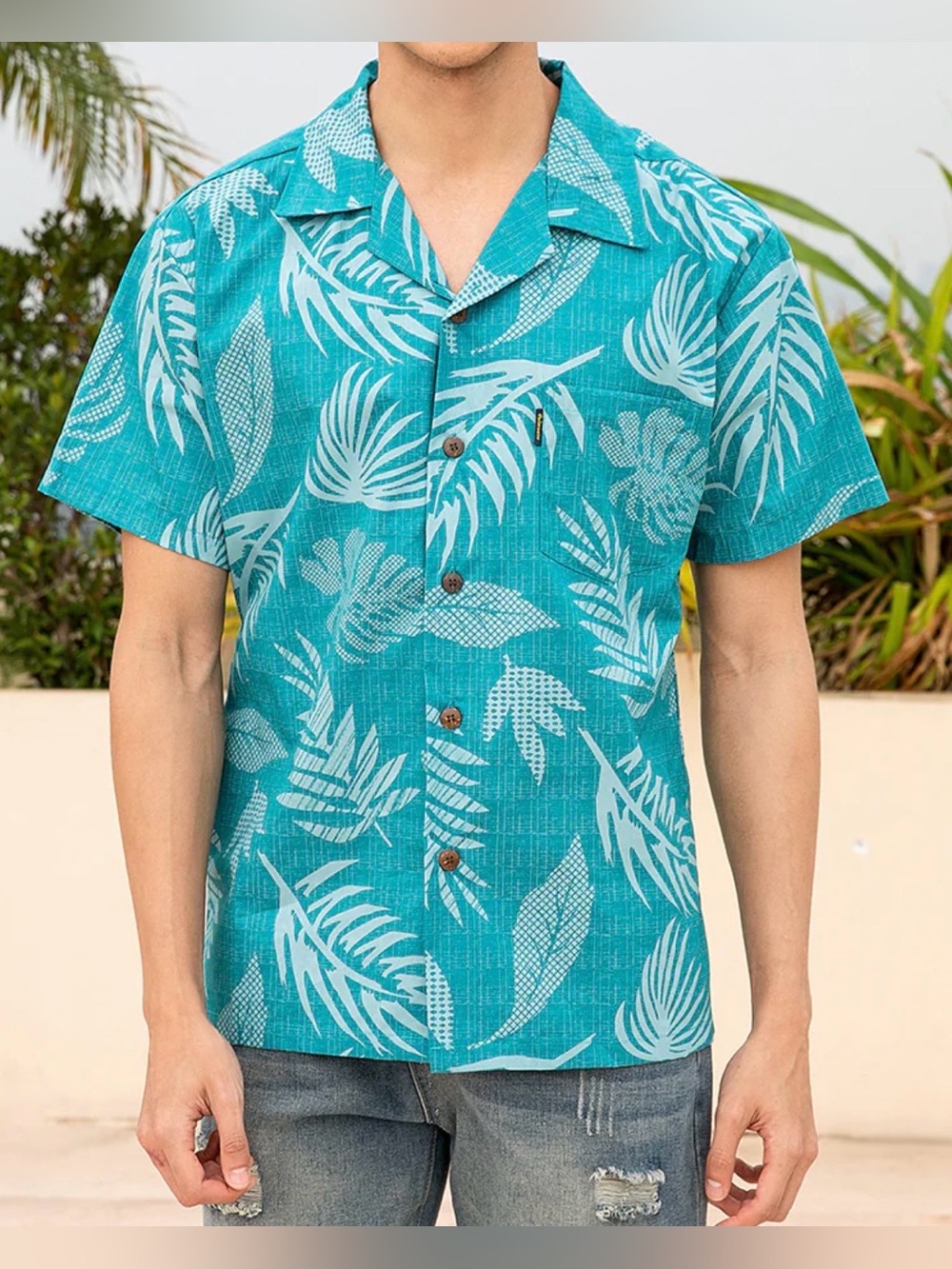 Palmwave Hawaiian Casual Aqua Leaf Tropical Short Sleeve Button-Down Shirt, XXL